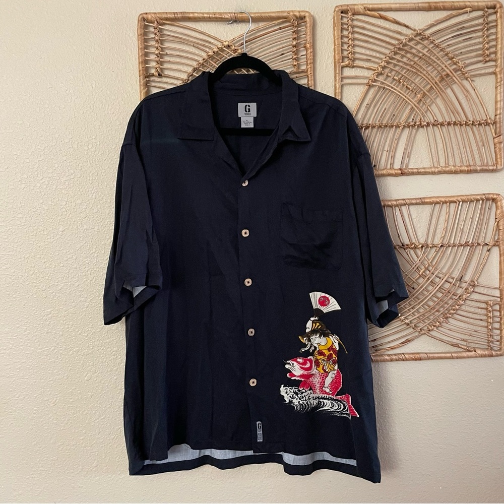 Vintage Guess Jeans Shirt  Asian Japan Black Koi Samurai B5  Men's Sz XL B5 READ